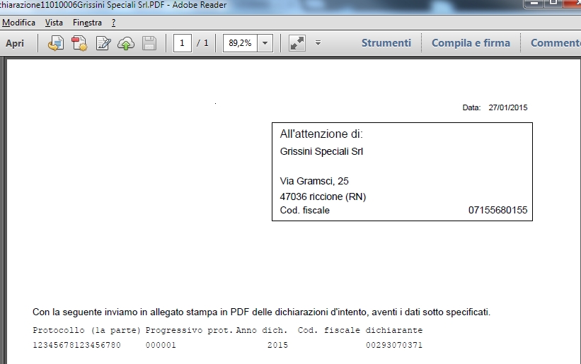 GA: Gestione dichiarazioni d'intento